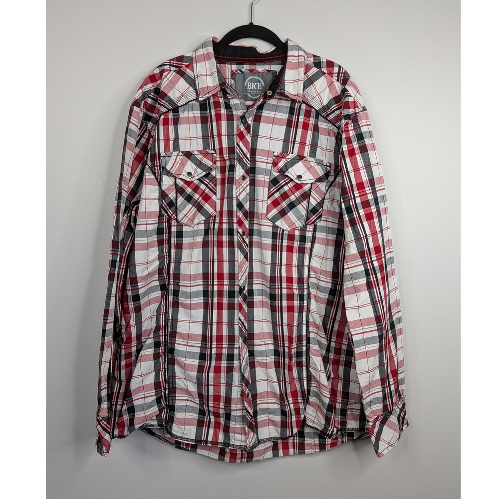 BKE Button Up Shirt Mens XXL Red Plaid Western Relaxed Fit Pearl Snap Front